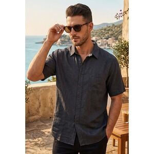 Cumran 100% Linen Short Sleeve Button Down Dress Shirt Men's XL Black Pocket